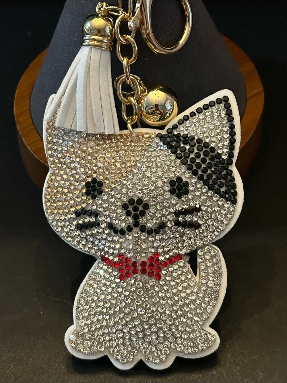 PREMIUM Puffy Crystal Cat 🐈 Bag Charm Keychain w/White Tassel & Gold Hardware